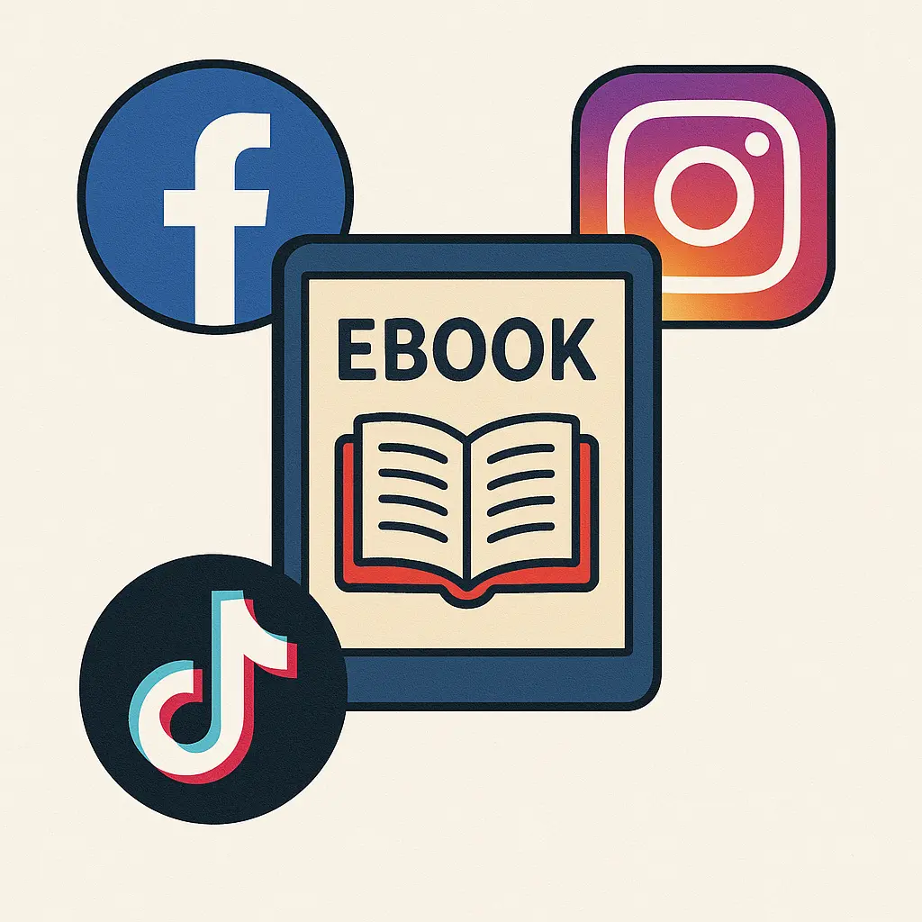 Social media platforms promoting an eBook cover—marketing channels visualized