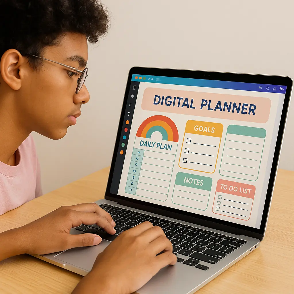 Teen designing digital printables on a laptop