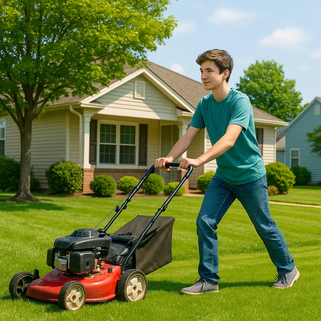 Teen mowing a yard in a neighborhood