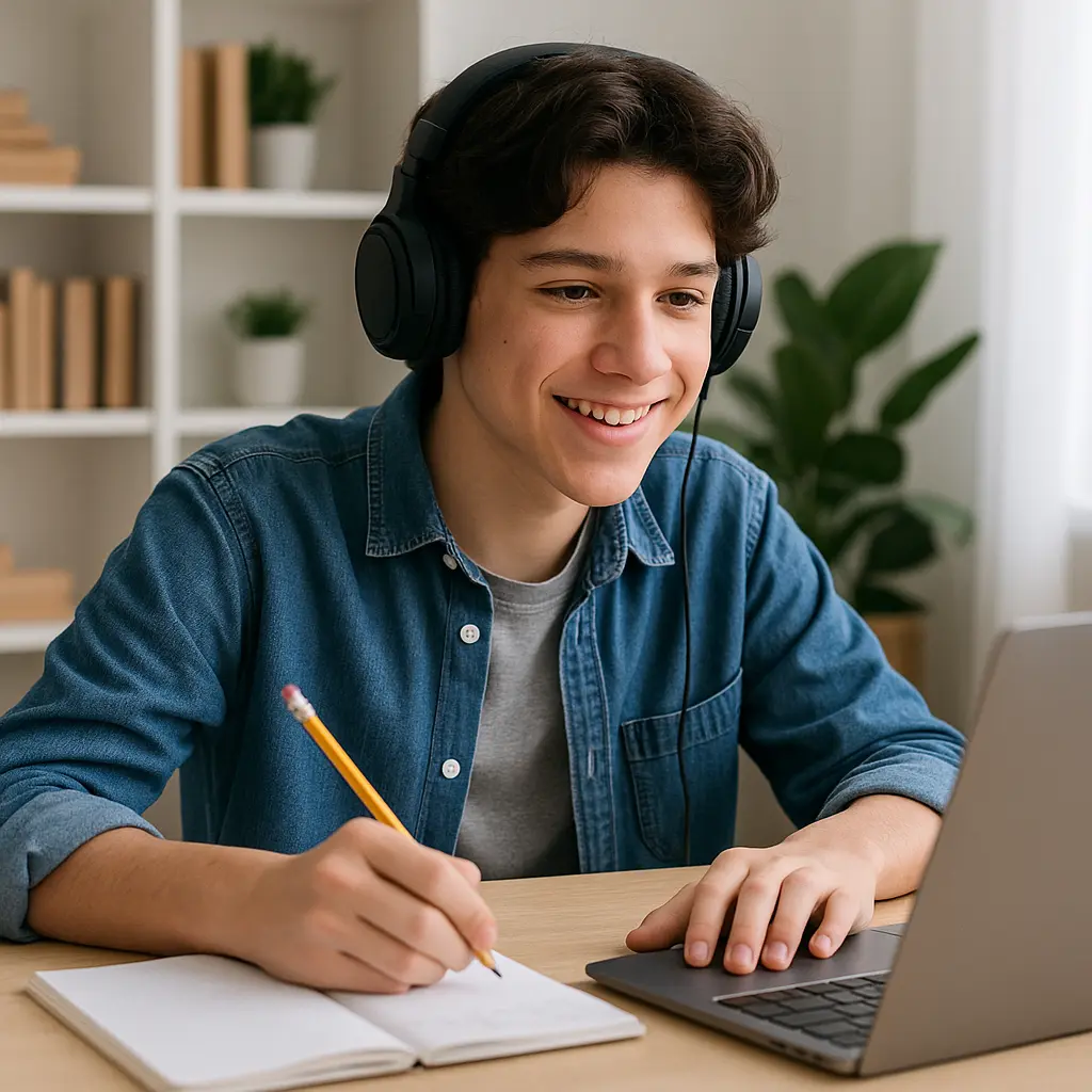 Teen tutoring online with laptop and headphones