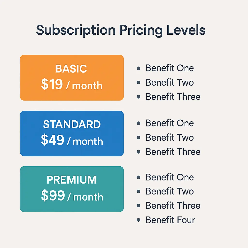 Tiered subscription pricing infographic with benefits per level