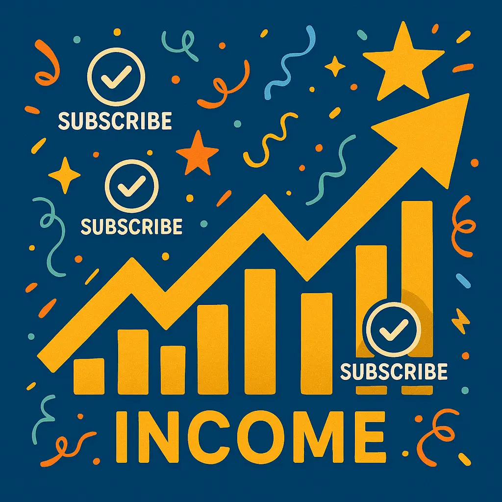 Upward income chart with subscription icons celebrating growth