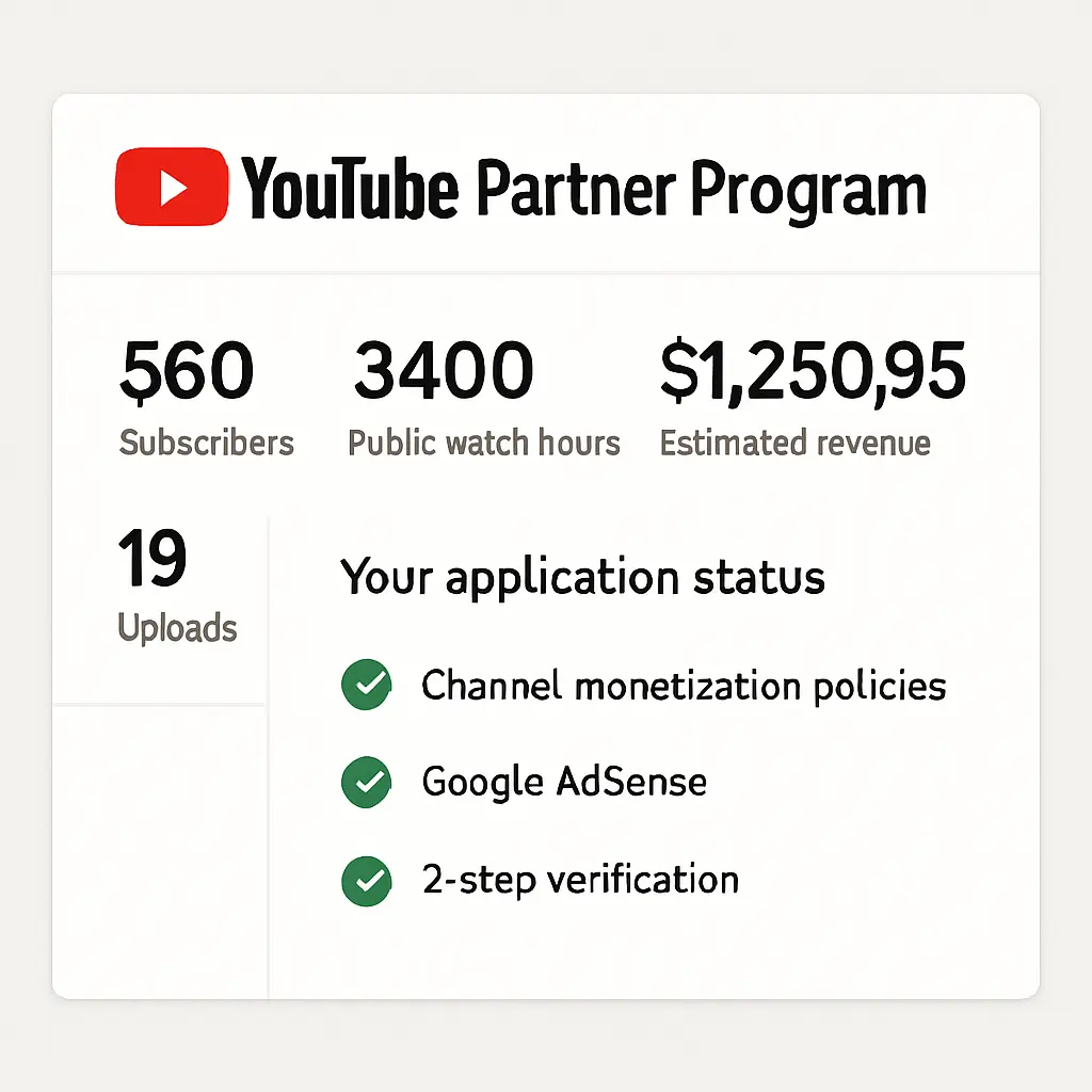 YouTube Partner Program eligibility dashboard showing monetization metrics