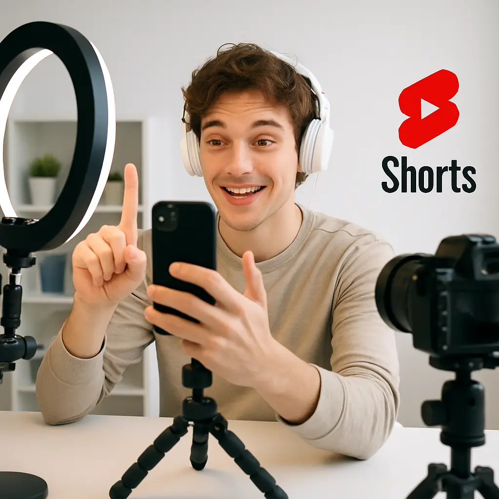 YouTube creator filming short videos in a professional studio setup