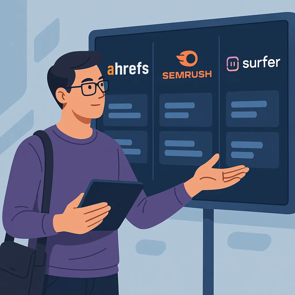 Affiliate comparing SEO tools Ahrefs, SEMrush, and Surfer SEO on digital board