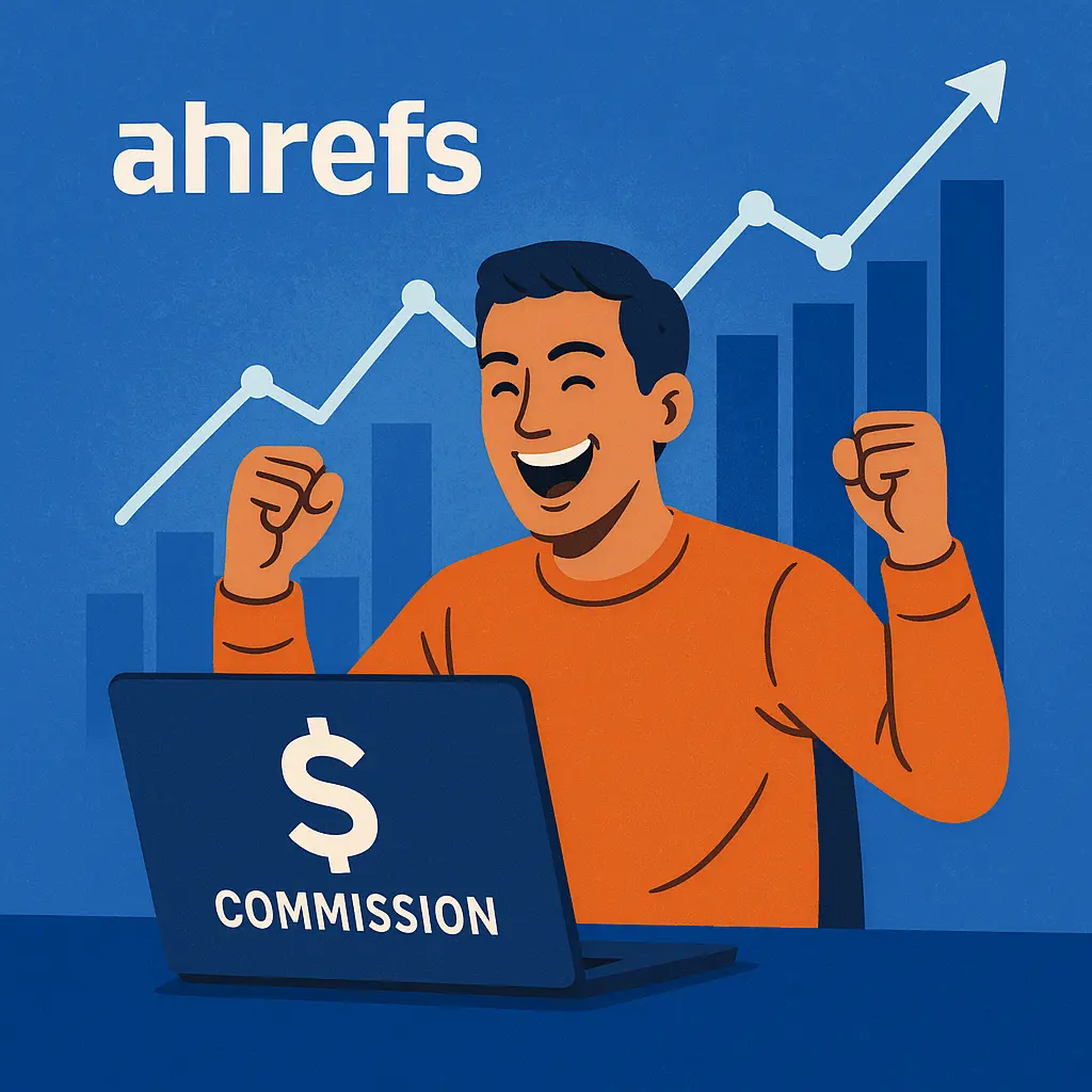 Affiliate marketer celebrating on laptop with Ahrefs logo and rising earnings charts