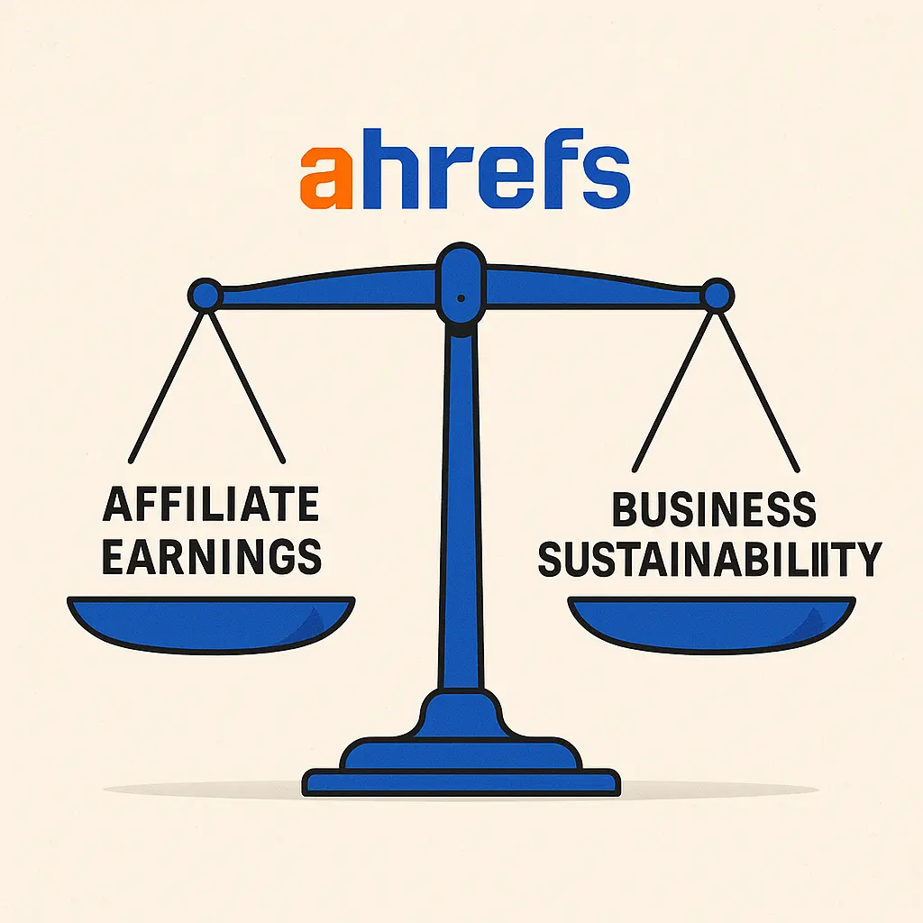 Balanced scale with affiliate earnings on one side, business sustainability on other, Ahrefs logo in center