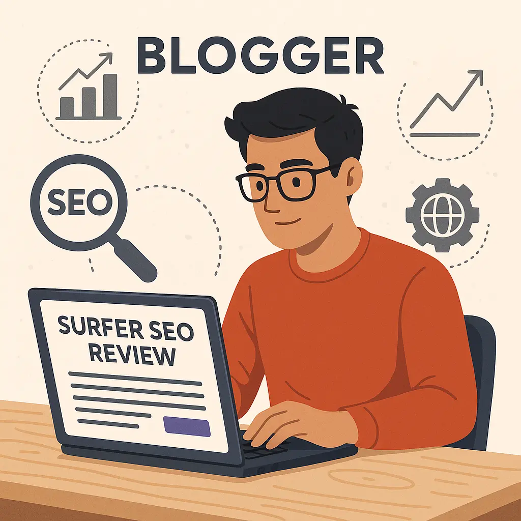 Blogger creating Surfer SEO review content for affiliate promotion