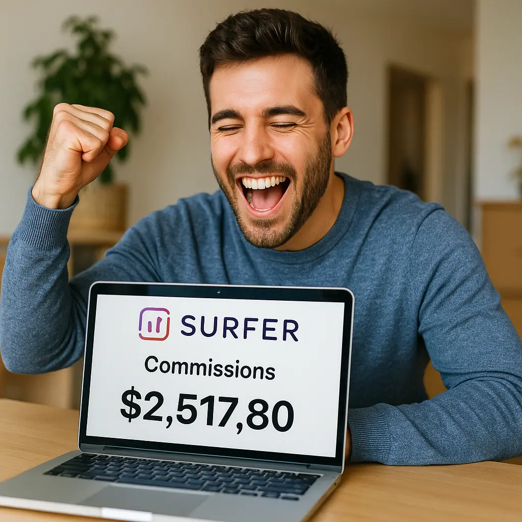 Marketer celebrating Surfer SEO affiliate earnings dashboard