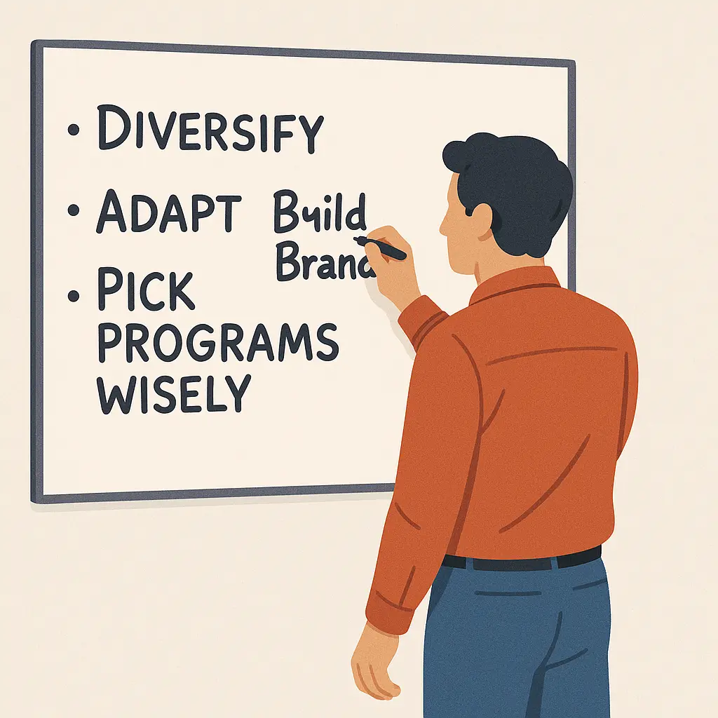 Marketer writing affiliate lessons ‘Diversify, Adapt, Build Brand, Pick Programs Wisely’ on whiteboard