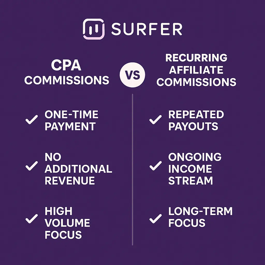 Surfer SEO affiliate program CPA vs recurring commissions comparison