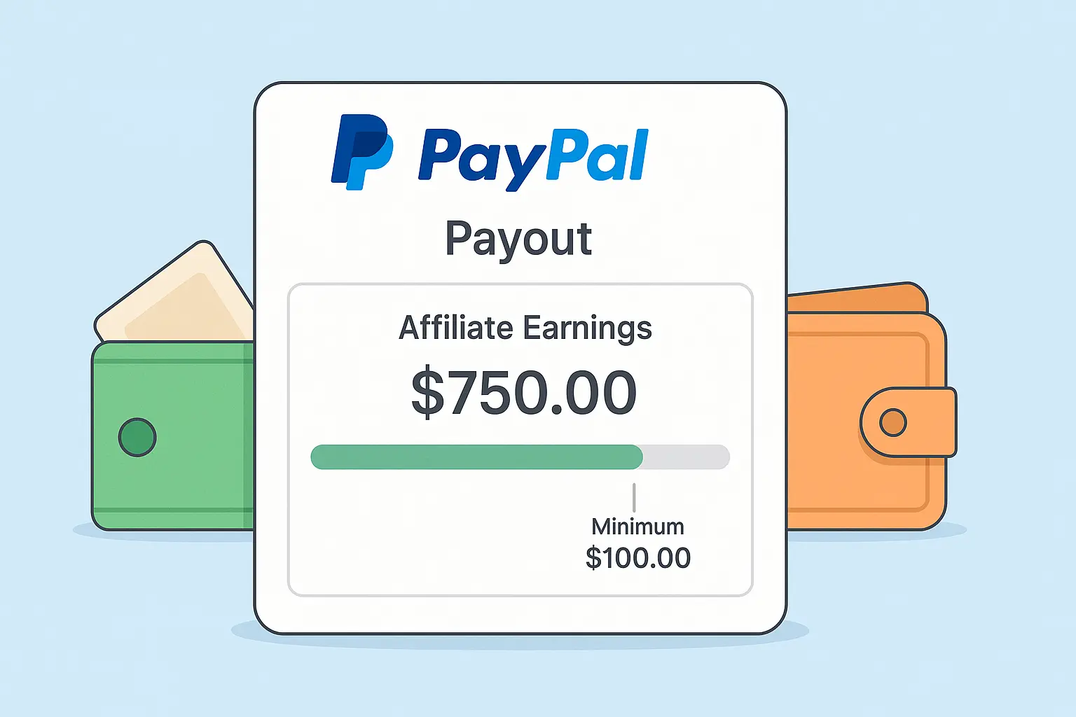 PayPal payout illustration showing affiliate earnings and minimum threshold requirements