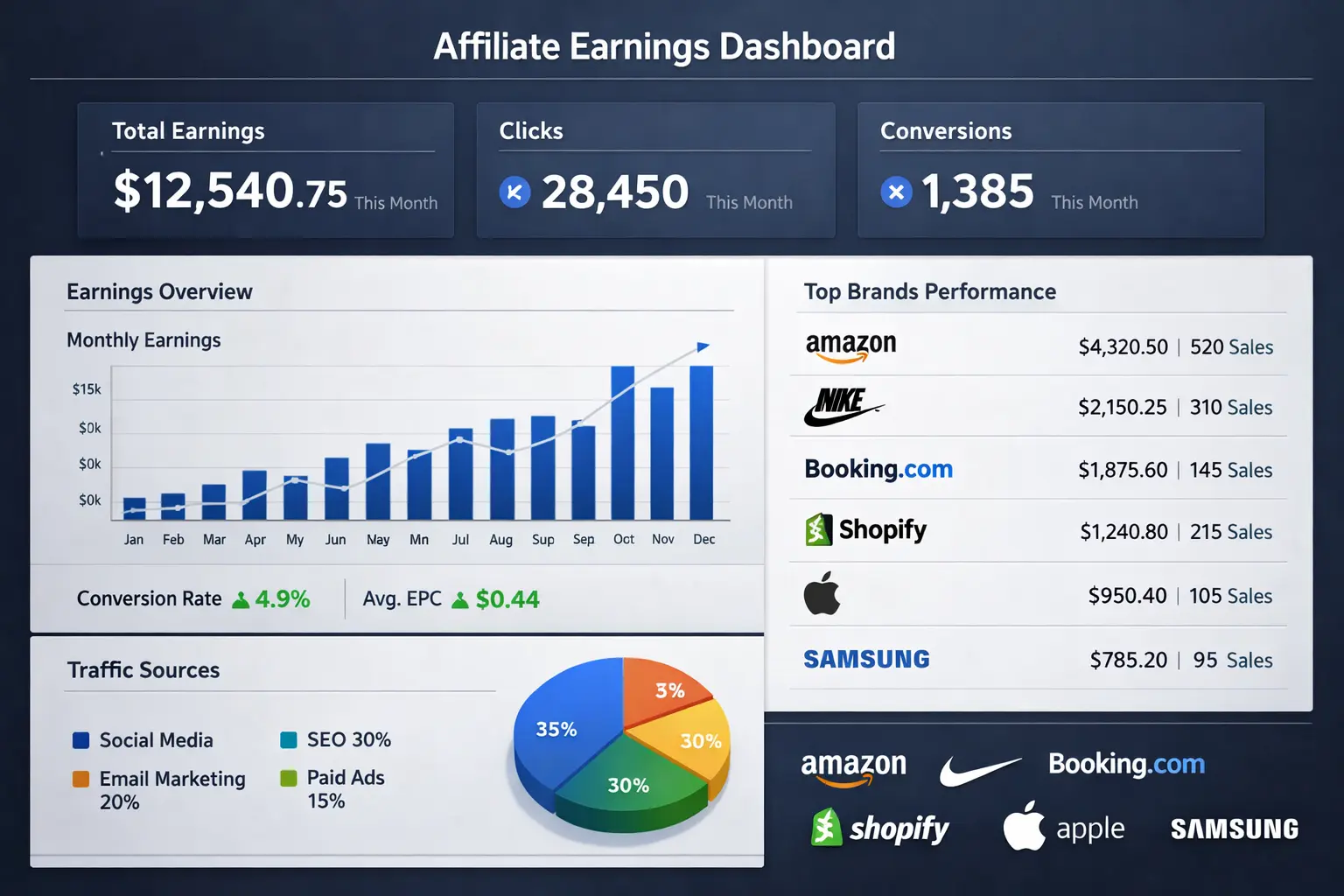Affiliate earnings dashboard with global brand programs and commission performance overview