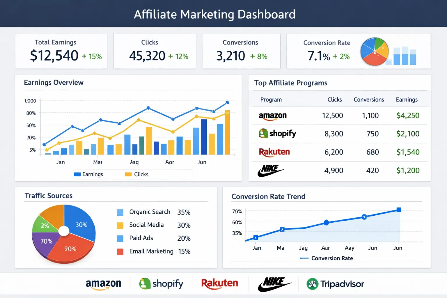 Affiliate marketing analytics dashboard displaying performance tracking and brand-level reporting