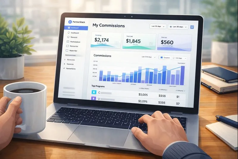 Affiliate reviewing commission stats on a laptop dashboard for a SaaS partner program