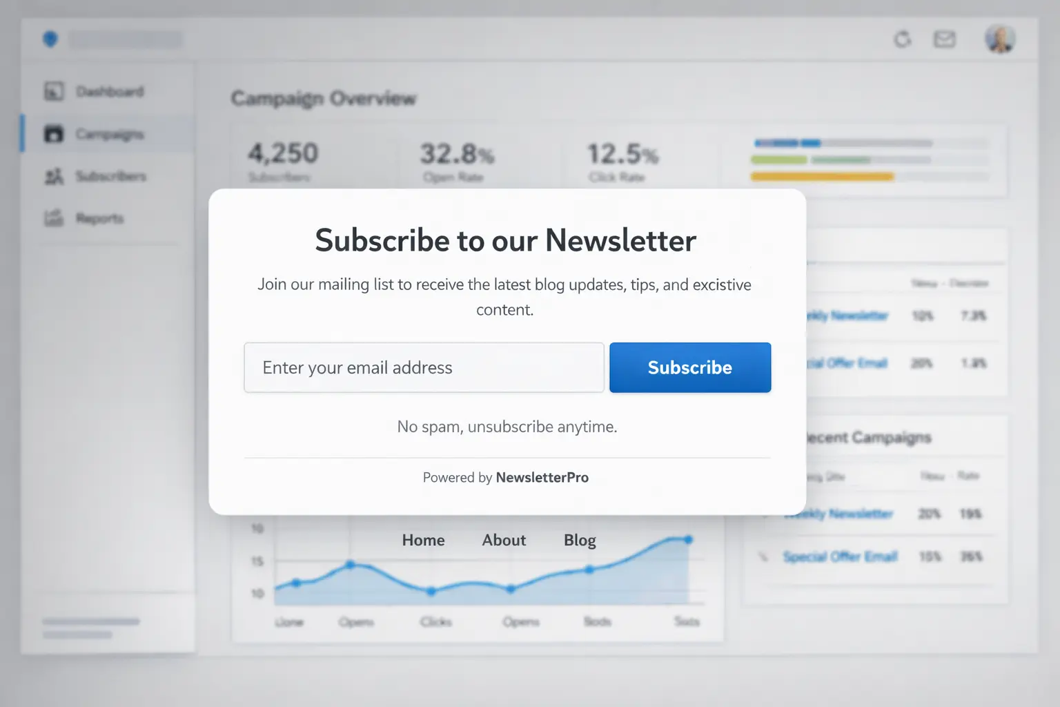 Newsletter signup form on blog website with simple email subscription layout