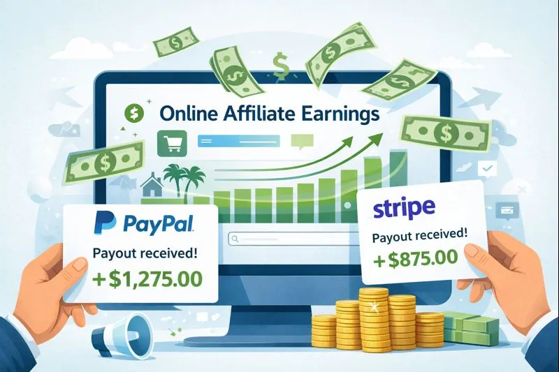 Online affiliate checking payouts and earnings through digital payment platforms