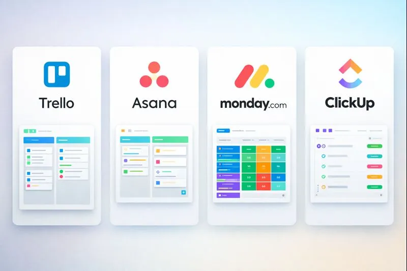 Side-by-side view of different project management tools being compared for business use