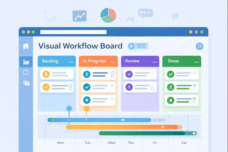 Visual task board showing projects, timelines, and team workflows in a work management tool