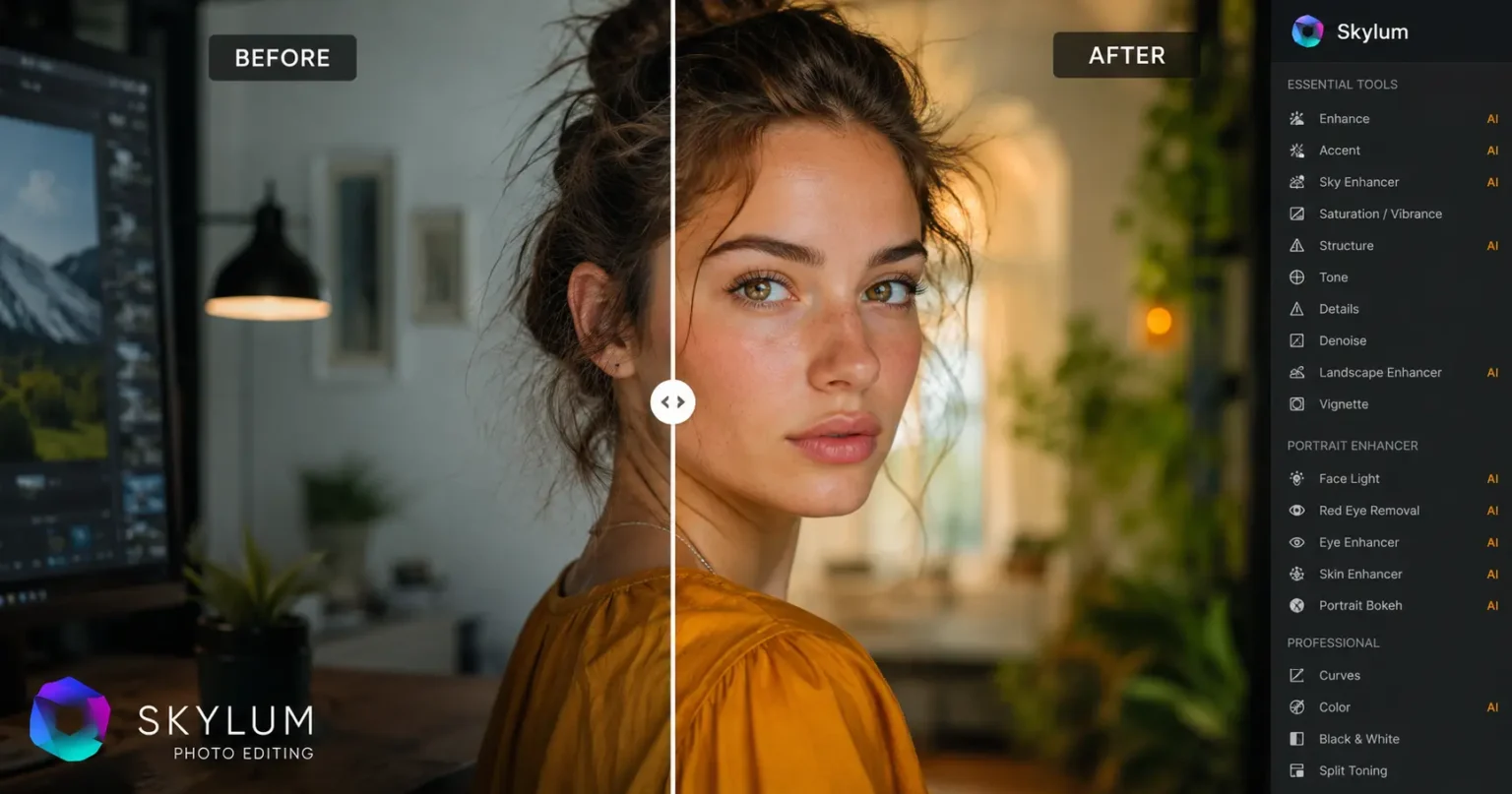 Before and after image editing using Skylum AI photo editing tools