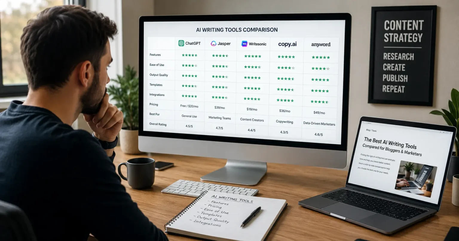 Comparison of popular AI writing tools and affiliate programs on desktop screens