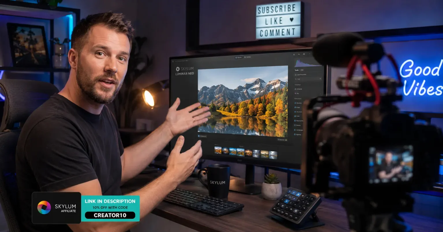 Content creator promoting AI photo editing software through YouTube tutorials