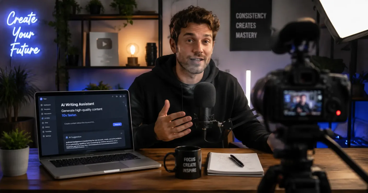Content creator recording a GravityWrite affiliate review video for YouTube