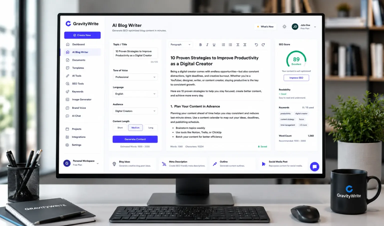 GravityWrite AI writing tool dashboard for blog writing and SEO content creation