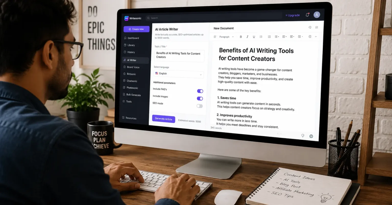 Person using Writesonic AI writing tool for content creation