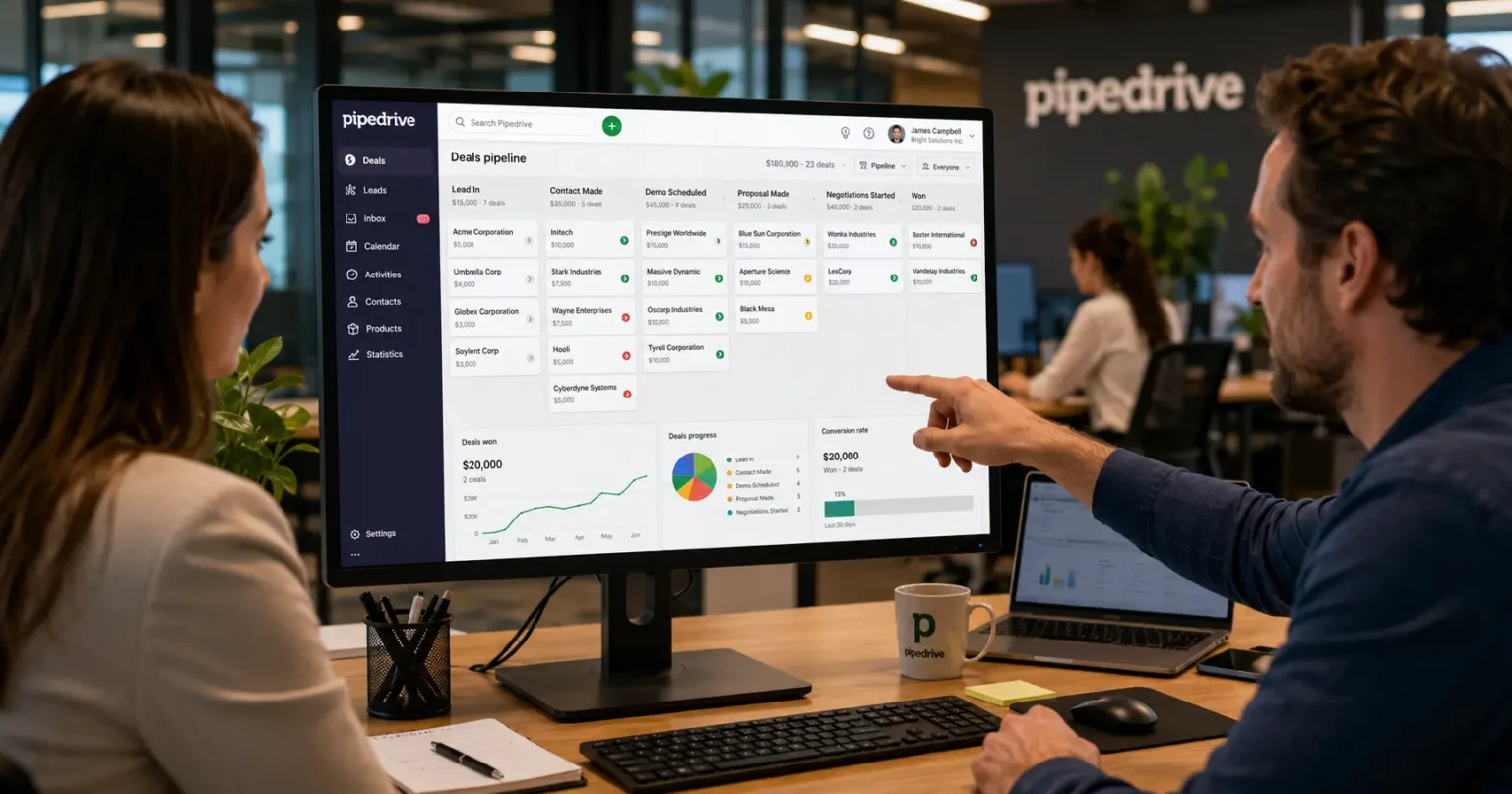 Sales team using Pipedrive CRM software for lead management