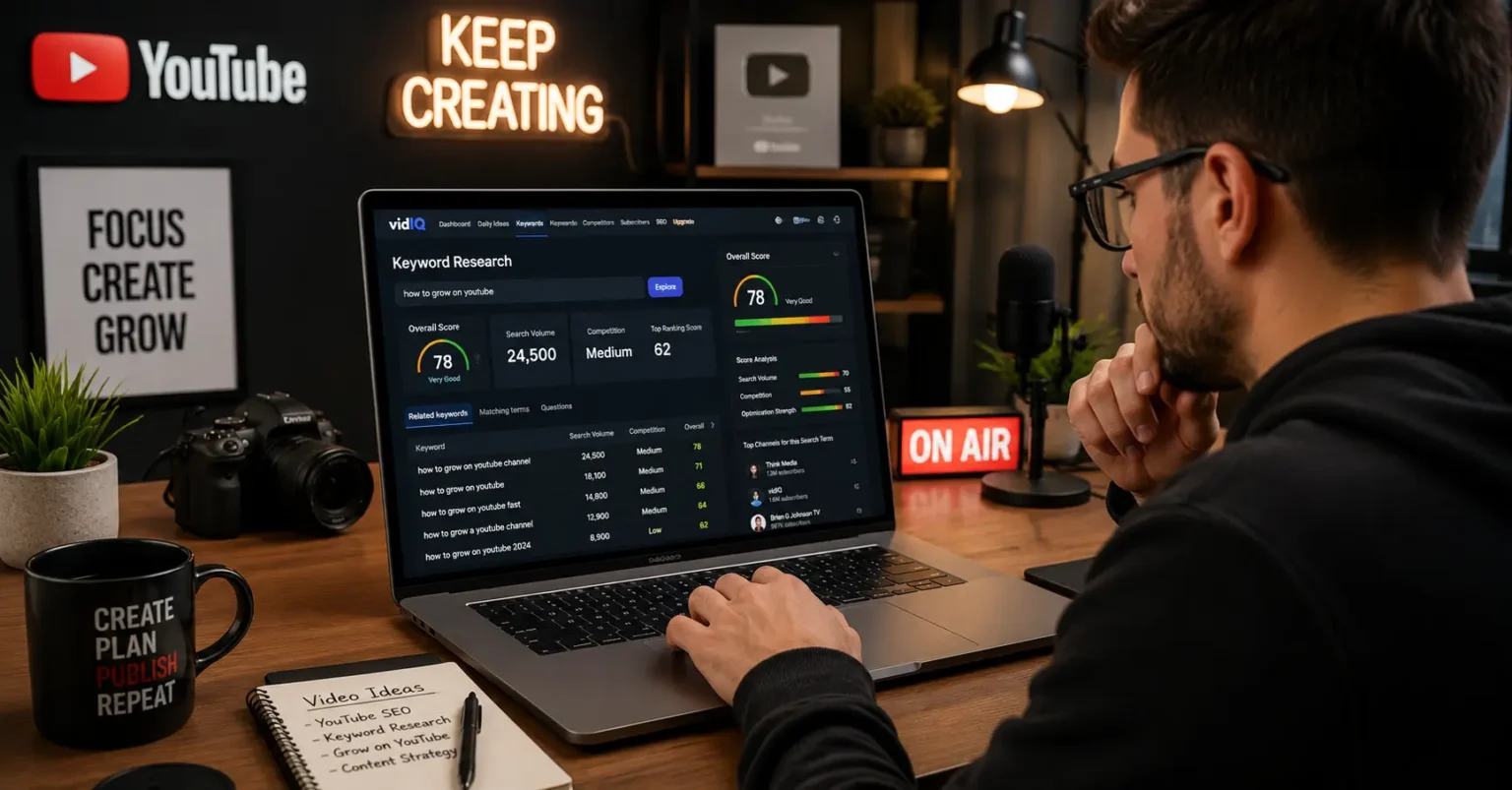 YouTube creator using vidIQ for keyword research and SEO