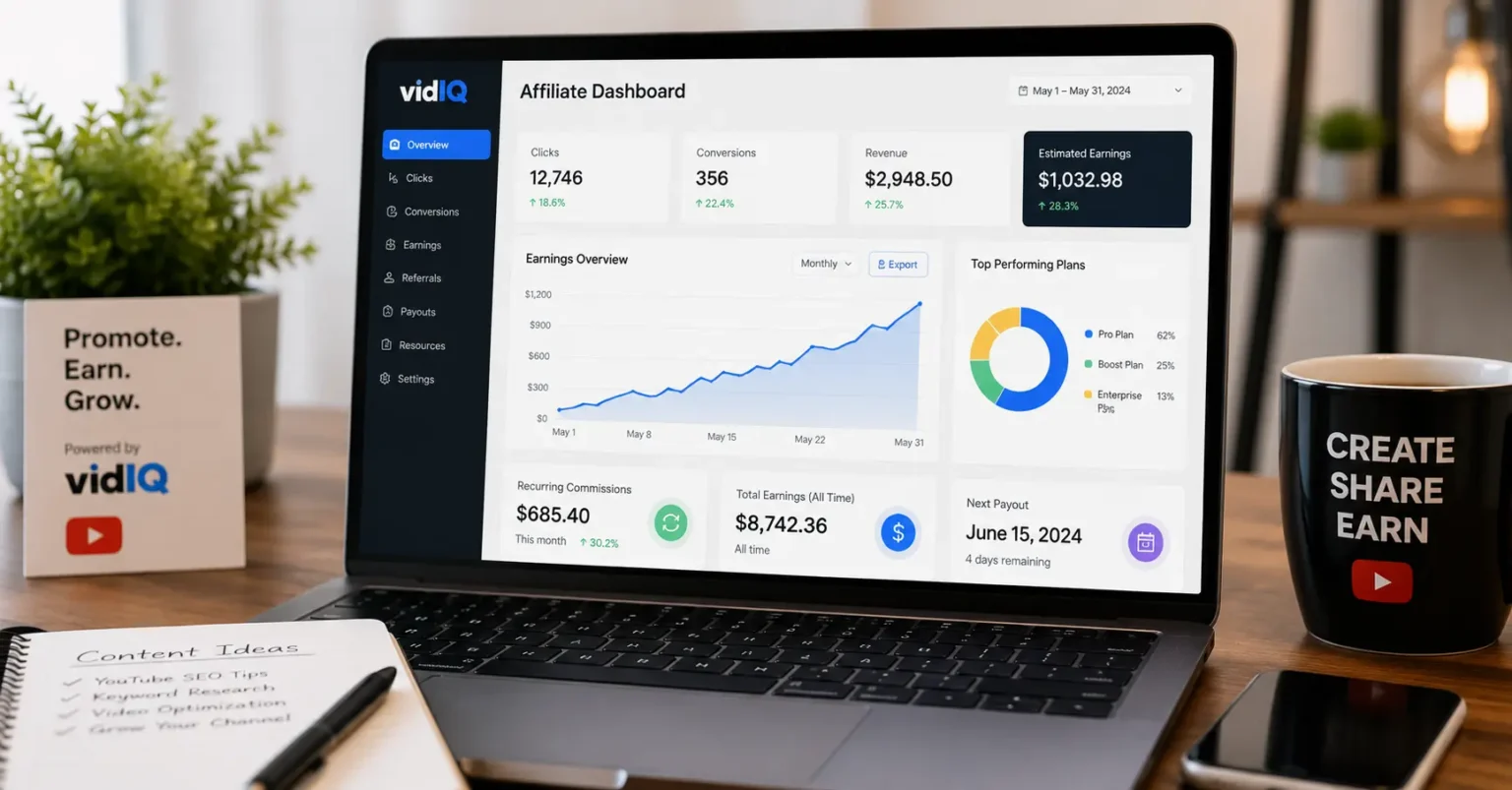 vidIQ affiliate commission structure and recurring earnings