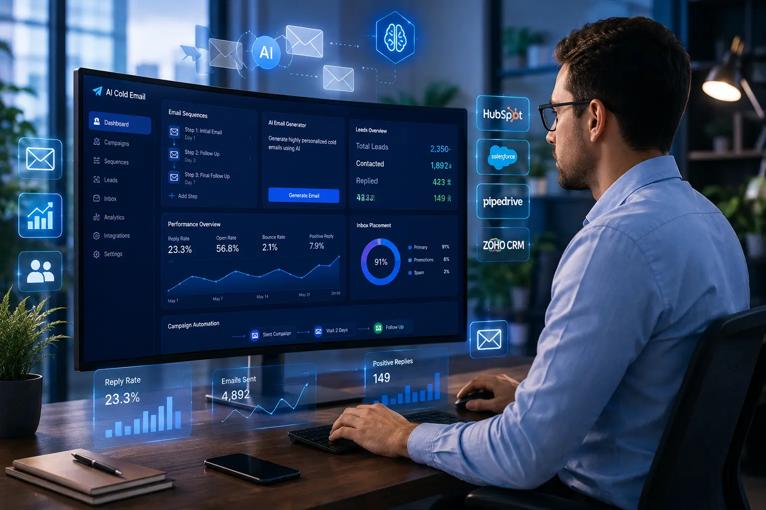 AI-powered cold email outreach software dashboard used for lead generation and email automation
