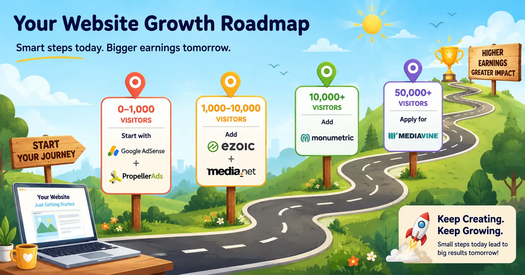 Ad network roadmap for small websites showing which CPM and CPC networks to join at each traffic milestone