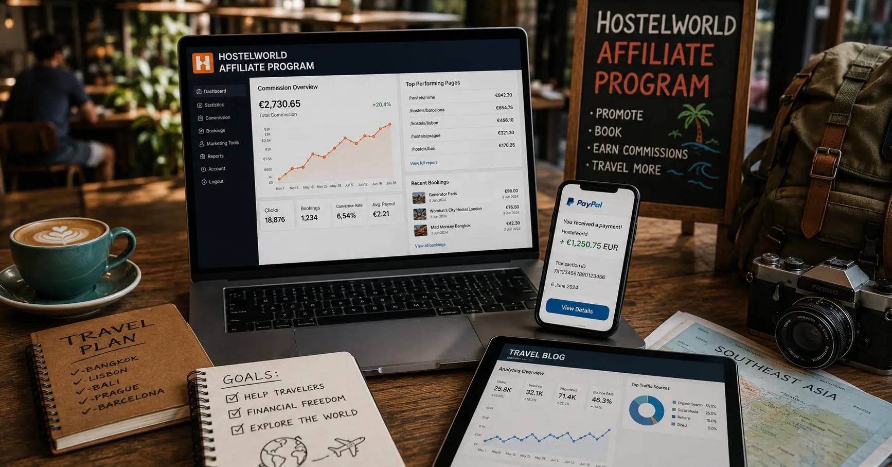 Affiliate marketer earning commissions through the Hostelworld affiliate program with revenue charts and booking notifications