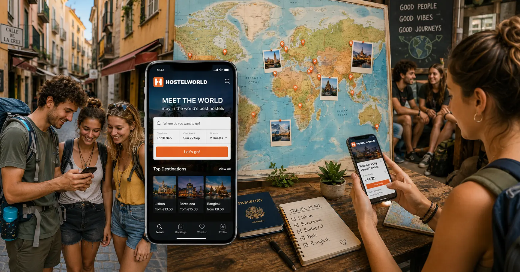 Backpackers using Hostelworld on smartphones to discover affordable hostels and budget travel accommodations