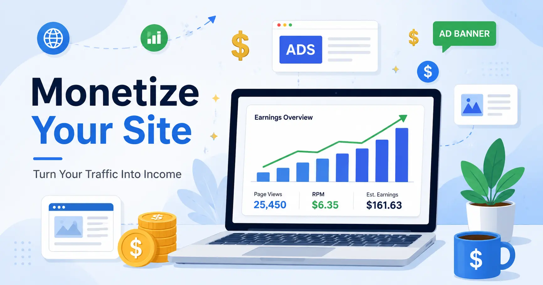 Best CPM and CPC ad networks for low-traffic websites showing monetization dashboard with growing revenue charts