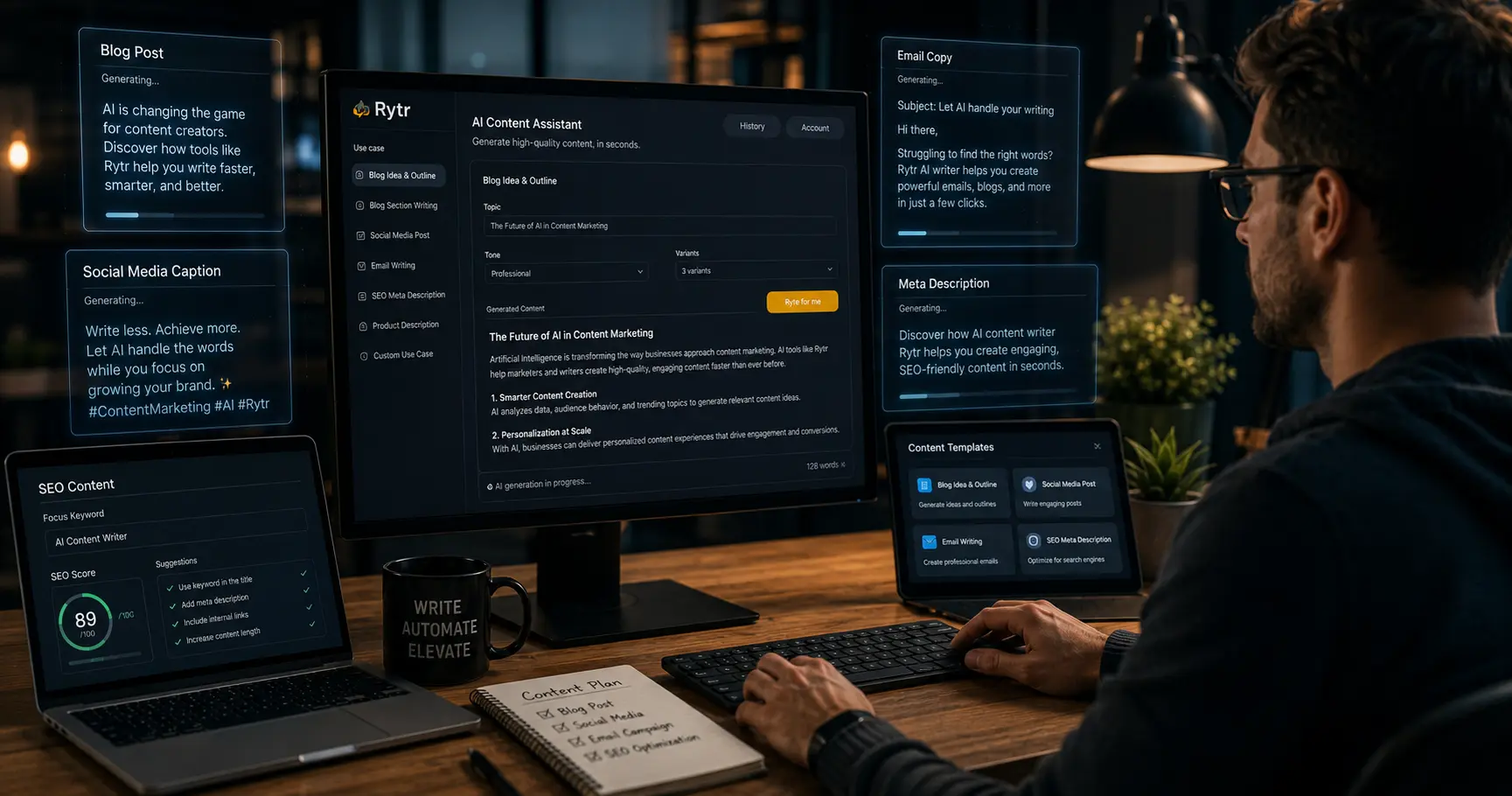 Blogger using Rytr AI writing tool to create SEO content, emails, and social media posts
