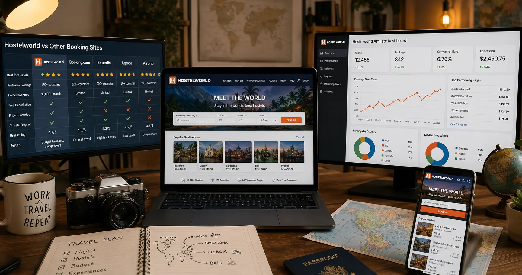 Comparison of Hostelworld and other travel booking platforms on multiple screens in a modern affiliate marketing workspace