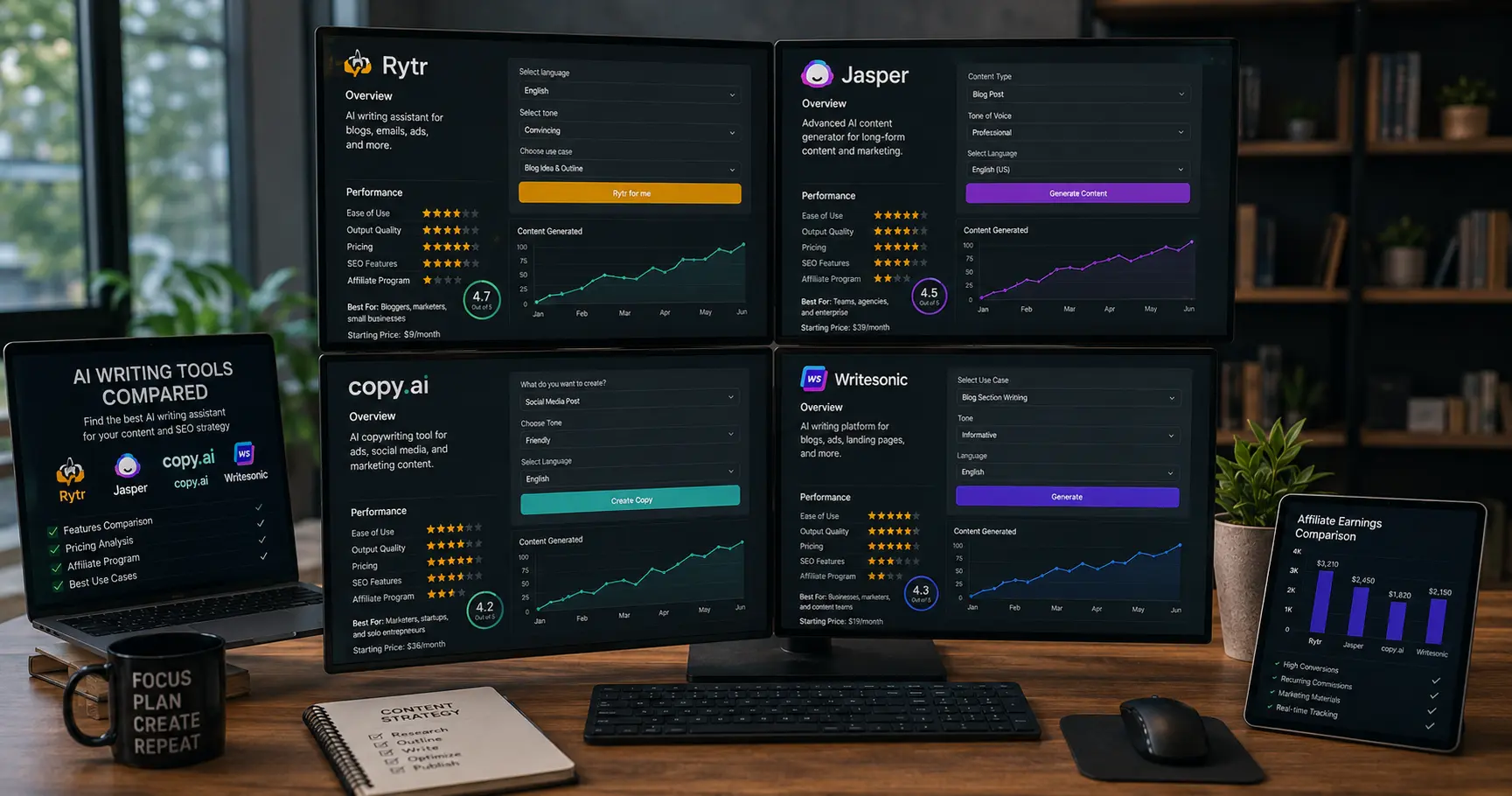 Comparison of Rytr with Jasper, Copy.ai, and Writesonic AI writing affiliate programs