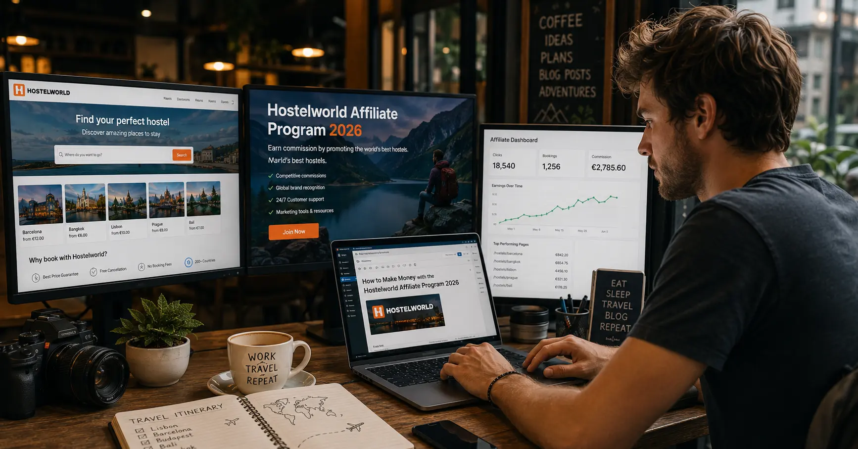 Digital nomad creating travel content and promoting the Hostelworld affiliate program from a modern café workspace