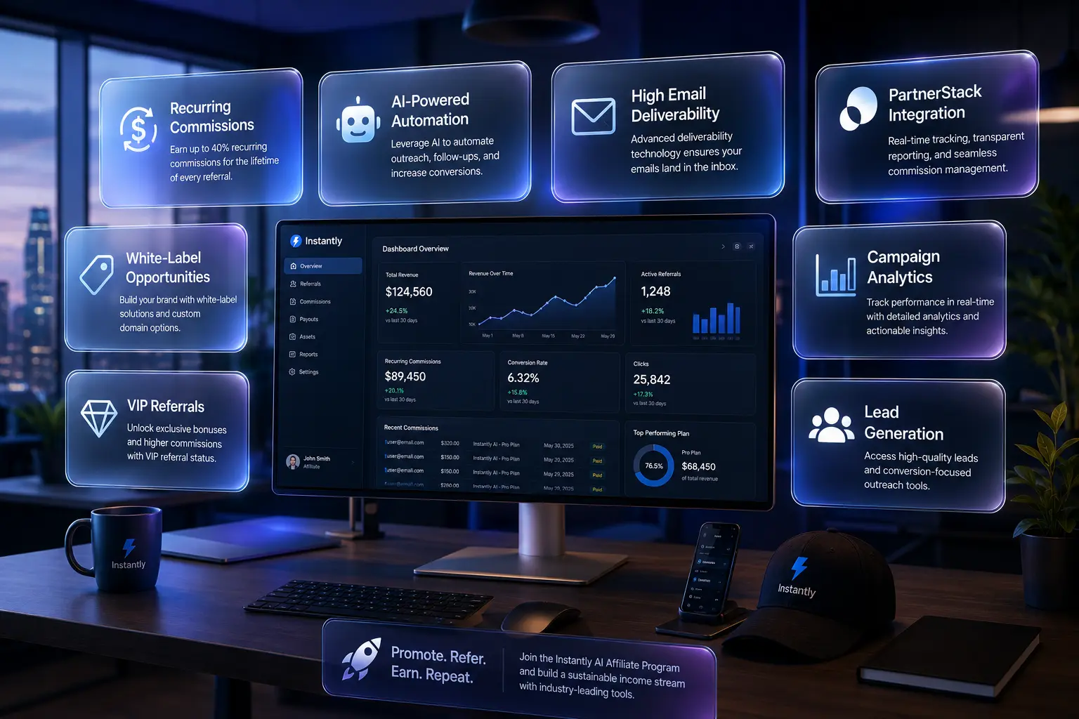 Features of Instantly AI including AI email outreach, automation, PartnerStack tracking, and recurring commissions