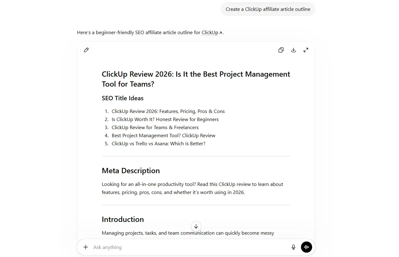 Generate Affiliate Article Outlines