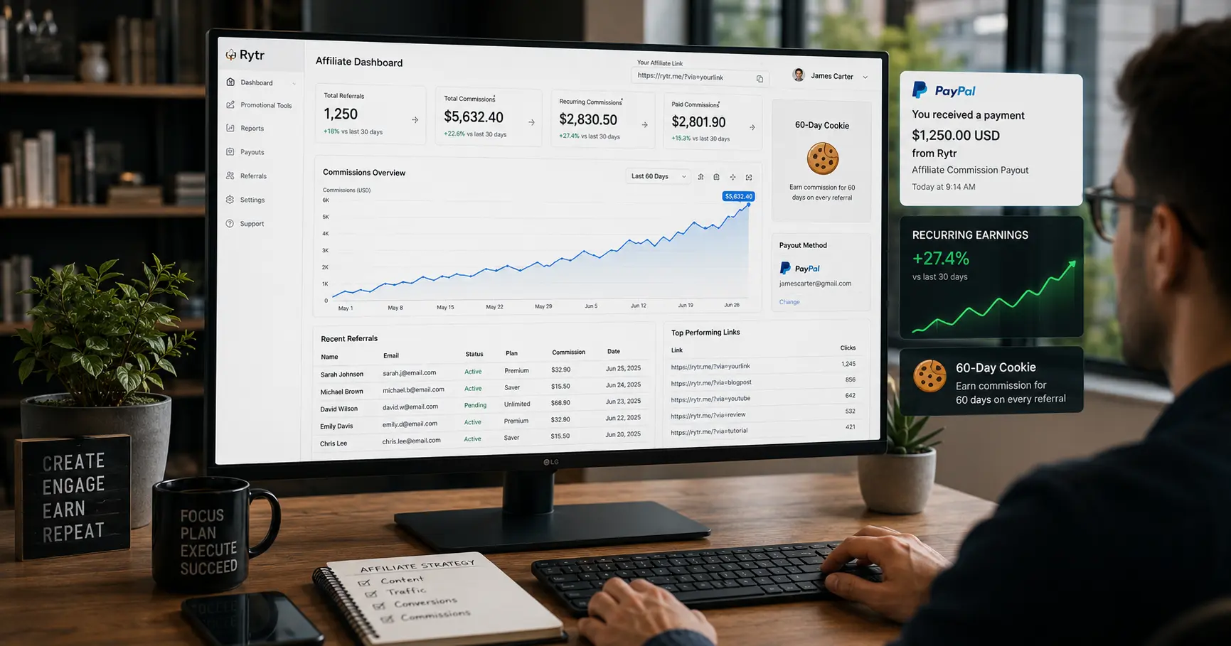 Rytr affiliate dashboard displaying recurring commission earnings, analytics, and PayPal payouts