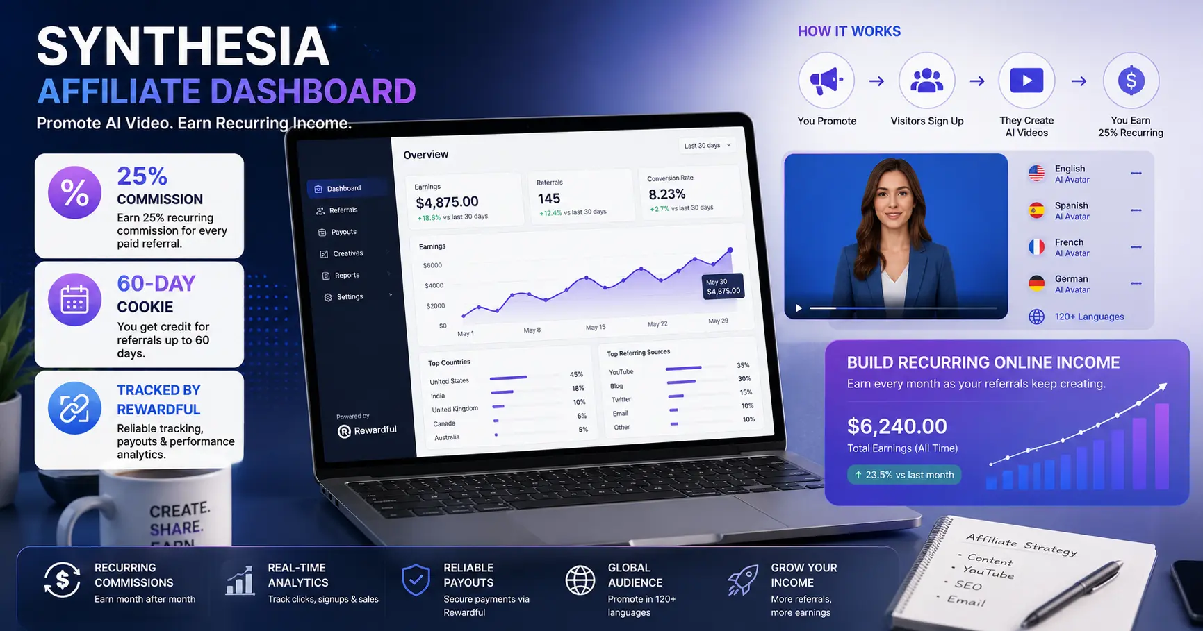 Synthesia affiliate commission dashboard showing 25 percent earnings