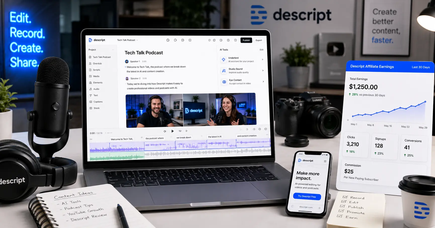 AI creator workspace using Descript for video and podcast editing