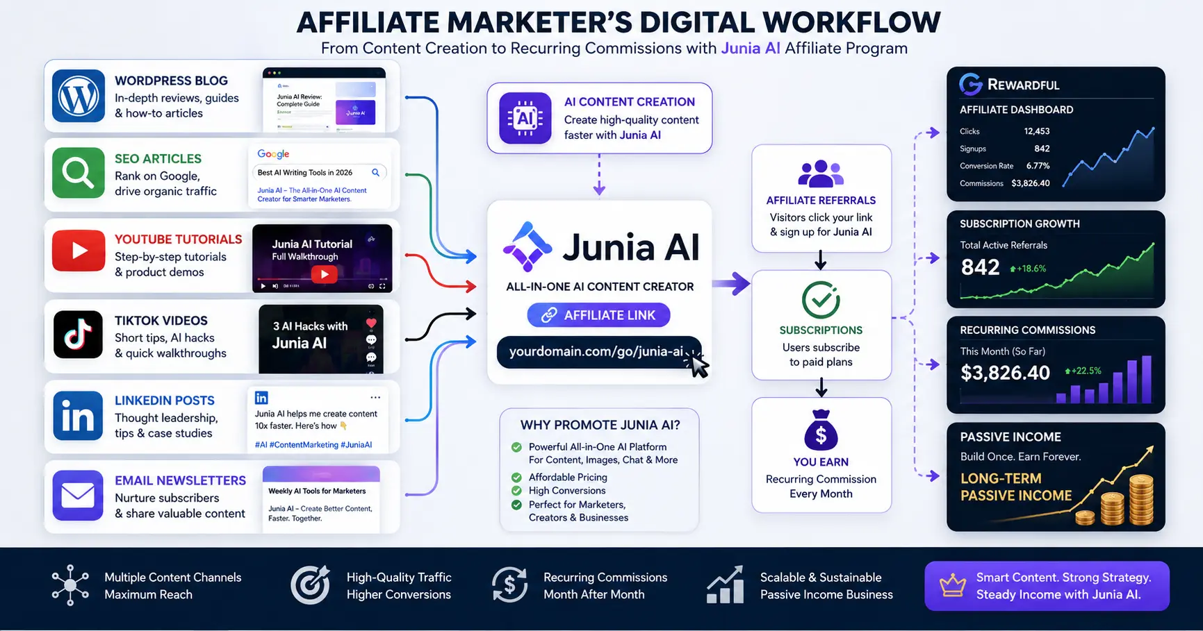 Affiliate marketing workflow promoting Junia AI through blogs, YouTube, TikTok, LinkedIn, and SEO content