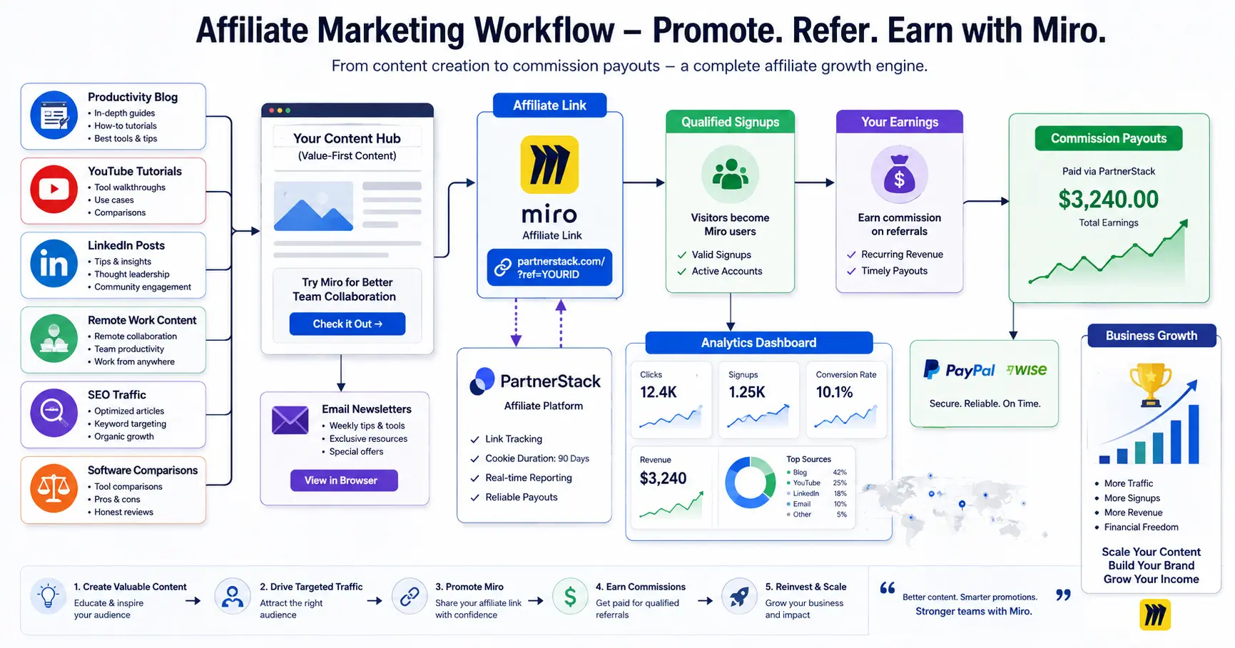 Affiliate marketing workflow promoting Miro through blogs, YouTube, LinkedIn, and SEO content