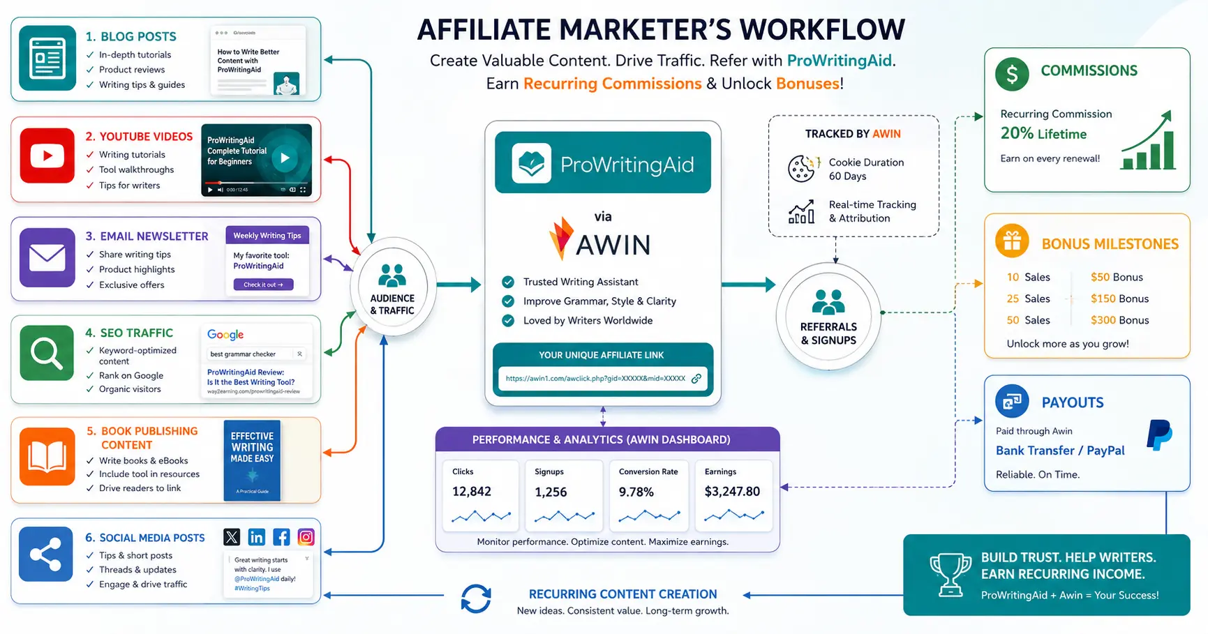 Affiliate marketing workflow promoting ProWritingAid through blogs, YouTube, newsletters, and SEO content