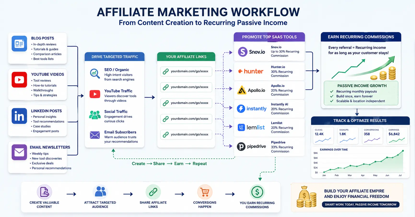Affiliate marketing workflow promoting Snov.io and other SaaS affiliate programs through multiple traffic channels